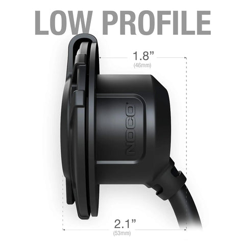 Road Warrior AC Power Inlet Socket With Integrated Extension Cord No Sweat Weather Tough side view showing low profile dimensions 1.8" x 2.1".