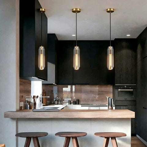 PRTSER 11.8" Modern Pendant Light Fixture with Smoke Gray Crystal Lampshade in a stylish kitchen setting.