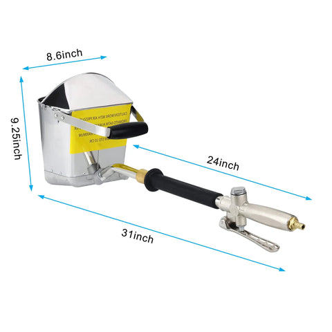 Pro Grade Air Powered Stucco And Mortar Sprayer With Deep Hopper And Four Quick Change Nozzles, dimensions shown in inches.