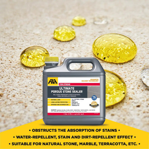 Real Deal Solvent Based Stone And Concrete Sealer For Granite Marble Limestone Indoors Outdoors One Gallon on surface reflecting yellow droplets.