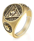 Gold ring with intricate eye and sunburst design on face and sides, showcasing elaborate detailing and polished finish.