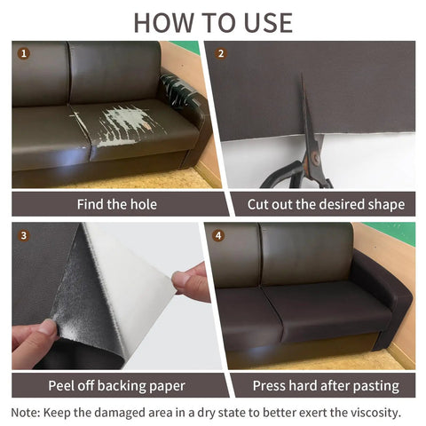 How to use Self Adhesive Leather Repair Patch Kit For Couches Sofas And Car Seats Ultra Durable PU Vinyl Leather Repair Tape Waterproof Dark Brown 3.9x79 Inch Easy Patch Up For Furniture And Auto Interiors - step by step application on couch