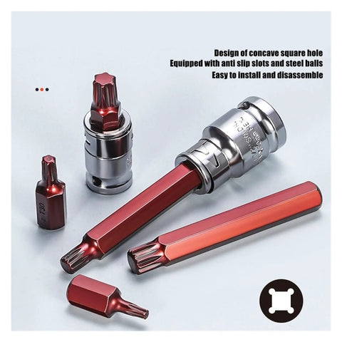 Top Tier 40 Piece Torx Star Spline Hex Socket Bit Set For Your Garage Kit. Precision Screwdriver Bits For Auto Repair And Engine Oil Changes. Professional Grade Heavy Duty Socket Tools To Fix Cars Fast Without Breaking A Sweat. - Torx bit set with red bits and steel socket adapter