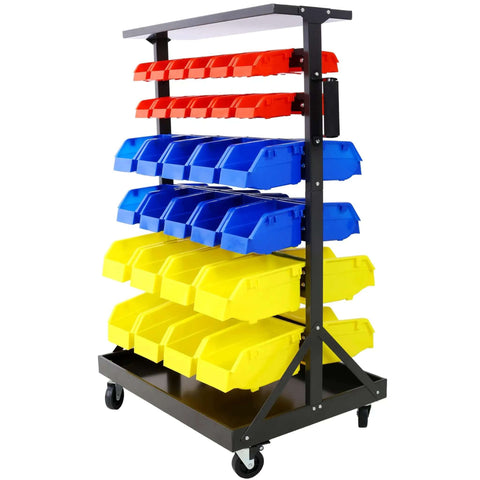 6-Tier Dual-Sided Rolling Bin Rack With Heavy Duty Steel Construction And Casters For Easy Mobile Storage, Perfect For Garage, Shop Or Home Office Organization, Provides 350 Lbs Total Capacity And Quick Access From Both Sides