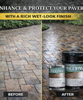 Heavy Duty Wet Look Paver Sealer For Concrete And Brick Blocks Rain UV Damage locking joint sand with waterproof sealant shown before and after.