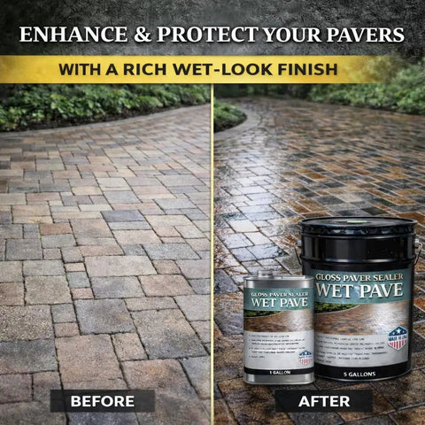 Heavy Duty Wet Look Paver Sealer For Concrete And Brick Blocks Rain UV Damage locking joint sand with waterproof sealant shown before and after.