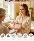 Woman gifting box labeled 'No-Brainer Crochet Starter Kit For Beginners With Ergonomic Hooks And 59-Piece Yarn Bundle All-In-One Set'