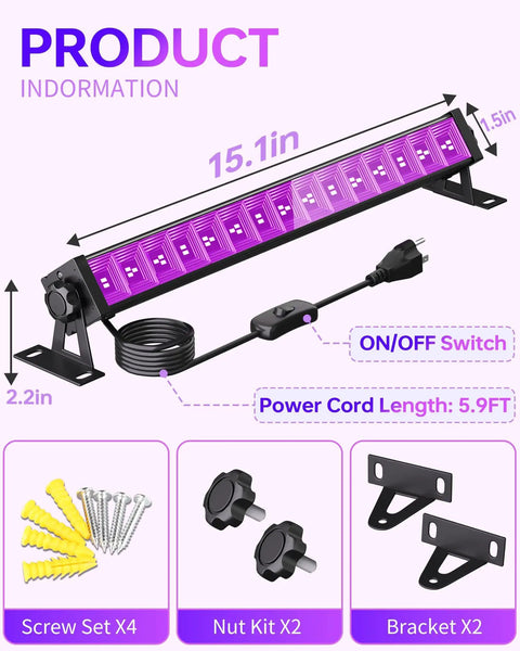 Two Pack 36W Black Light Bar Kit with plug and switch, 5ft cord, includes screws, nuts, and brackets for UV glow lighting.