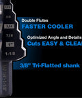 Close-up of M2 HSS Step Drill Bit Unibit For Metal Wood And Plastic Quarter To One And One Eighth Inch Sizes Delivers Sharper Faster Holes Like A Boss With Longer Life For Stainless Steel And More SHARPTOOL showing size increments and features.