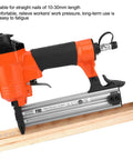 Industrial Grade Pneumatic Brad Nailer And Air Staple Gun Built Tough As Nails For Jobsite Grind delivering 10-30mm nails into wood.