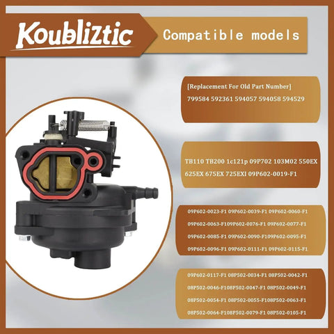 Carburetor Kit Replacement for Vortex 150cc Lawn Mower Models 21445 21442 21465 With Air Filter And Cover Replaces Part Numbers 799584 592361 594057 594058 594529 Easy Install Durable Performance High Quality Fit displayed with compatible models list