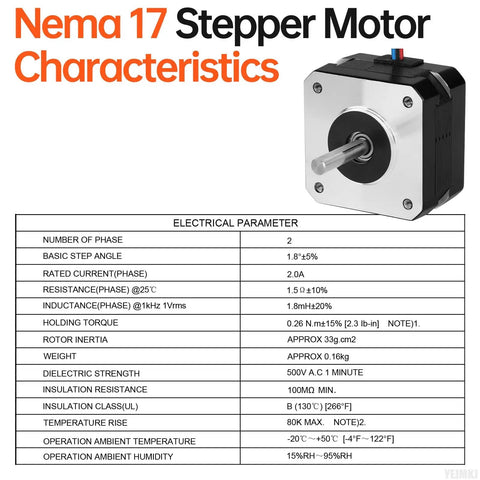 Technical specifications of 10 Pack Nema 17 Stepper Motors 2 Phase 1.8 Degree 0.26Nm Beefy Torque Bipolar, with motor image