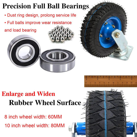 Heavy Duty Swivel Caster Set Featuring Thick Rubber Pneumatic Wheels Designed To Dampen Vibration On Rolling Furniture And Warehouse Carts. 8 inch wheel with precision ball bearings.