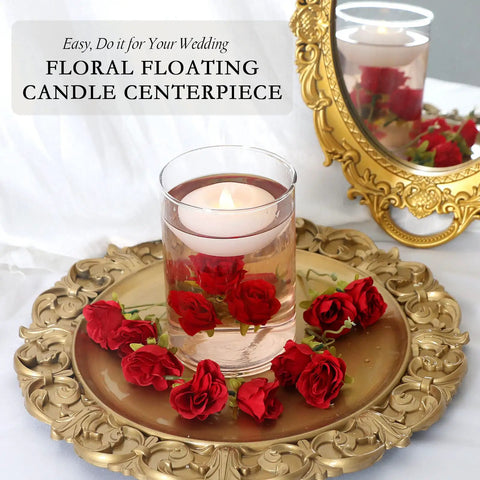 Pack Of 4 Wax Flickering LED Floating Candles 3 Inch Tealights Waterproof Warm White Battery Operated Flameless Candles For Dope Centerpieces Weddings Pool Parties Decor in glass vase with red roses.