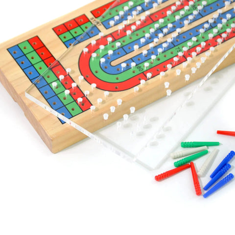 Clear Acrylic Cribbage Board Template Kit With Twelve Colorful Counting Pegs For Game Night Essentials on wooden board.