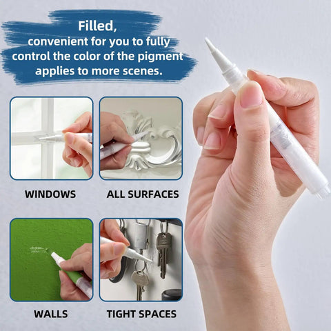 Top Shelf Refillable Touch Up Paint Pen Kit with Precision Wooden Detailing Brush for Furniture and Hardwood Floors, hand using paint pen on various surfaces.