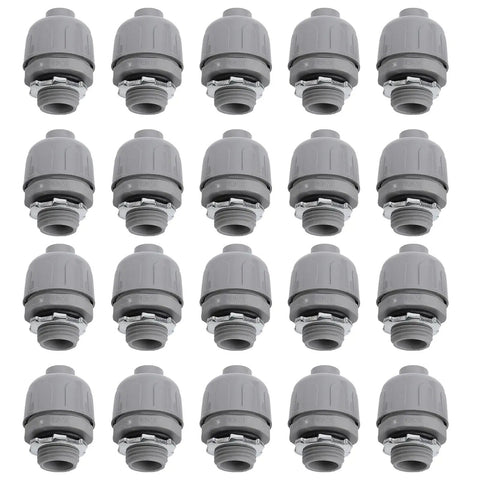 Top Shelf 1/2 Inch NPT Liquid Tight Conduit Connectors 20 Pack Nylon 6 Electrical Fittings, gray color, viewed from above, showing 20 pieces.