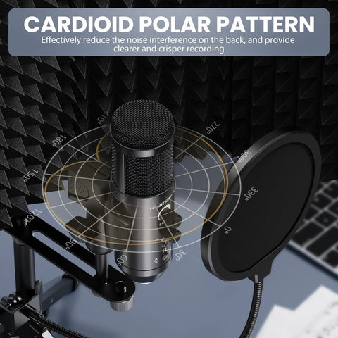 USB Condenser Microphone Kit With Isolation Shield Pop Filter And Tri Stand For Laptop PC Mac And Phone Recording Vocals Podcasts Singing In Home Studio with cardioid polar pattern displayed.