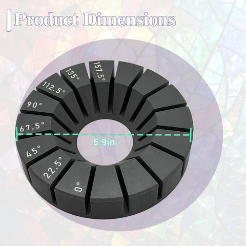 Zero Stress Stained Glass Soldering Station And Multi Angle Cutting Jig Tool With Dead On Alignments For Flawless Corner Bevels showing 5.9in diameter angle jig.
