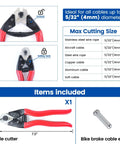 Muzata heavy-duty stainless wire rope cutter with red handles; cuts up to 5/32 in (4mm) cables; front and side views