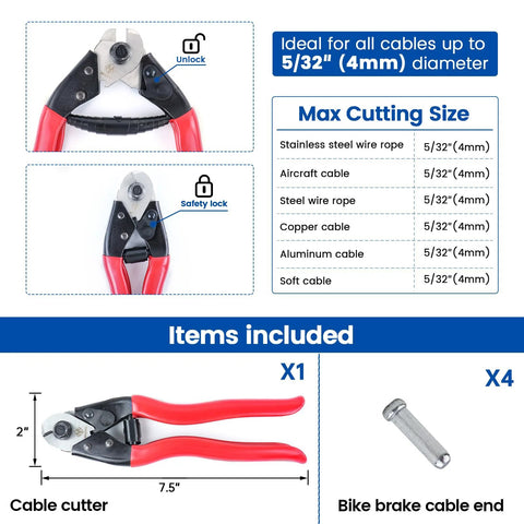 Muzata heavy-duty stainless wire rope cutter with red handles; cuts up to 5/32 in (4mm) cables; front and side views