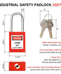 Diagram of a red industrial safety padlock and keys with measurements and features, illustrating lock dimensions and details.