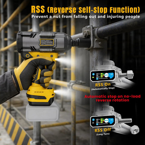 Pro Shop Three Quarter Inch Cordless Brushless Impact Wrench with RSS feature, showing usage on a pipe fitting.