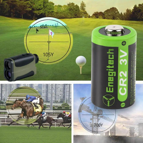 Solid As A Rock Cr2 Lithium Batteries 3V Non Rechargeable Cells on golf course with rangefinder and battery pack.