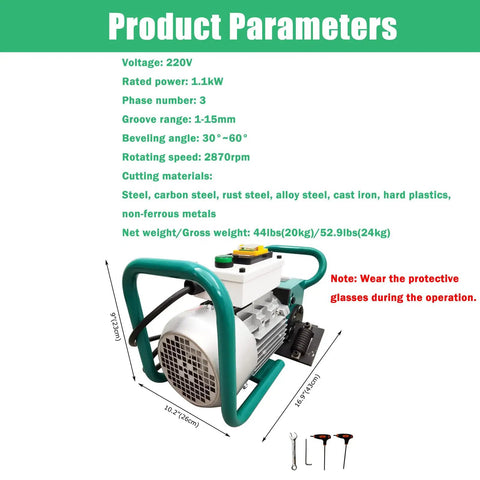 Heavy Duty Portable Electric Beveling Machine For Steel Plate Edge Prep showing 220V, 1.1kW motor, and 30-60 degree angle design.