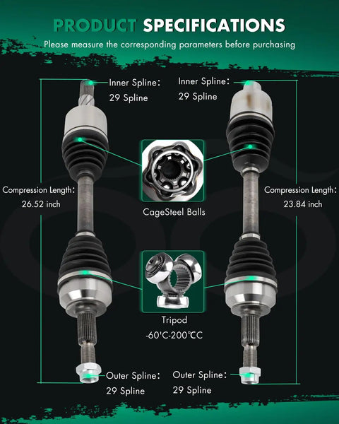 2PC Front CV Axles Set for Jeep Commander and Grand Cherokee 2005-2010 Front Left and Right Axle Assemblies Direct Fit Replacement 4WD AWD Ready OE Style Durable Build Includes 66-3417 66-3418 NCV82502 specifications with 29 spline and lengths