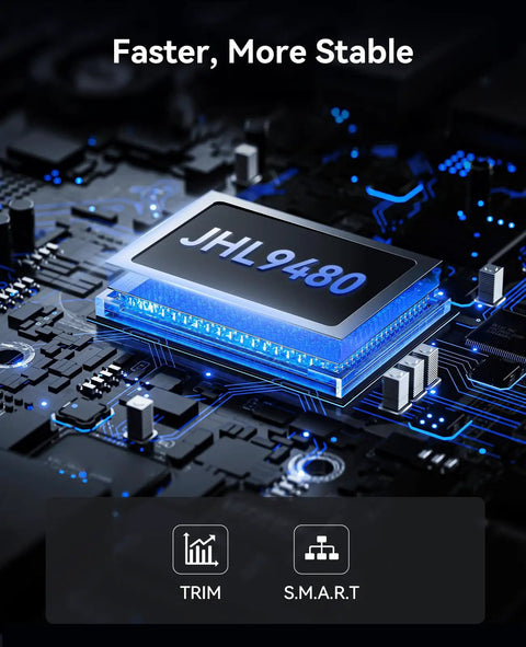 Straight Fire 80Gbps M.2 NVMe SSD Enclosure Portable External Drive with JHL9480 chip on a circuit board background.