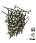 Marine Grade 316 Stainless Steel Wood Screws Size 10 x 2-1/2 Inch Flat Head Square Drive Self Tapping Rust Resistant For Outdoor Deck And Dock Projects 50 Pack shown in a pile with close-ups of head and thread design.