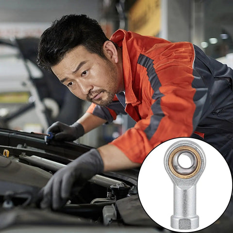 Beefed Up Heavy Duty Rod End Joint Bearing Set Four Pack With Easy Mounting For Power Tools And Automation Equipment, Female Thread Steel Spherical Bearings For Pneumatic Systems And Machinery. Mechanic servicing engine, steel rod end bearing inset