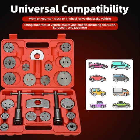 Pro Grade 24 Piece Disc Brake Caliper Wind Back Tool Set With Piston Backer And Left And Right Thrust Bolts, 18 Adapters
