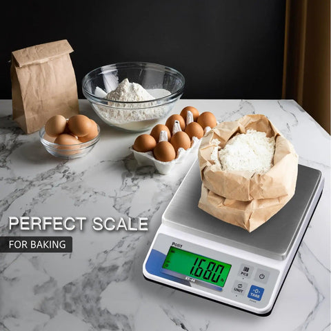 Workhorse High Capacity Digital Kitchen Scale 30 Lb 13 Kg With 0.05 Oz 1 G Precision LCD Display measuring flour in kitchen