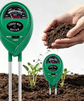 3 In 1 Soil Tester Meter For Moisture pH And Light No Batteries Required Battery Free Easy Readouts For Plants And Home Gardeners Quick Accurate Readings For Smart Gardening green analog soil meter in garden soil with seedlings and hands