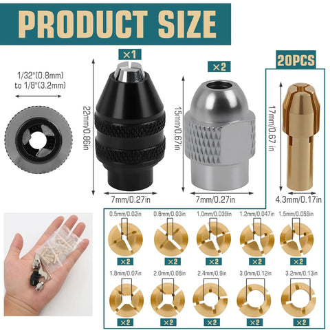 Pro Grade 25 Pc Drill Chuck Collet Set For Dremel Rotary Tools showing sizes of keyless chucks and brass collets