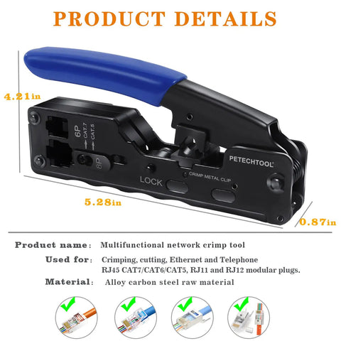 All In One RJ45 Ethernet Crimp Tool For Pass Through Connectors And RJ11 RJ45 Plugs with blue handle, compact design