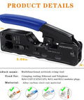All In One EZ RJ45 Crimp Tool Kit For Cat6 Cat5e Cat5 Pass Through Connectors with blue handle, metal body, and product dimensions