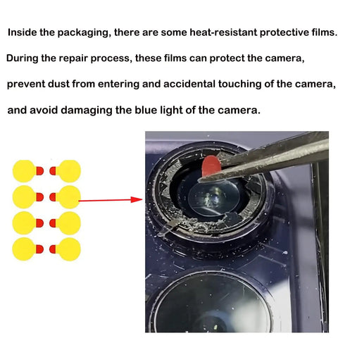 2 Pack iPhone 14 Pro And 14 Pro Max Camera Lens Replacement Glass With Pre Installed Adhesive being repaired with tools