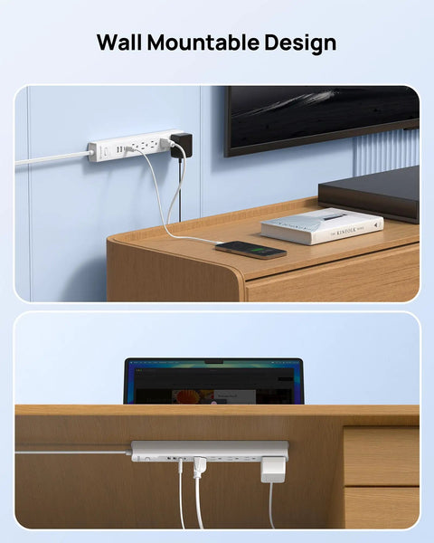 Power Strip Surge Protector With Five Widely Spaced Outlets Three USB Ports Including USB C Six Foot Flat Plug 1440 Joules Surge Protection 1250 Watts At 125 Volts Wall Mountable For Home Office White mounted on wall under desk.