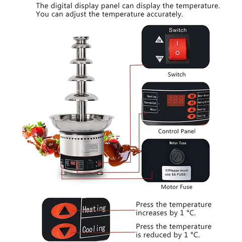 Multi Tier Electric Chocolate Fountain Machine Built From Premium Stainless Steel For House Parties And Hotel Buffets with digital control panel and temperature settings.