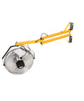 Relentless Warehouse Workhorse Loading Dock Wall Mount Air Circulator With 40 Inch Reach Dual Steel Tubing And 18 Inch Fan Head mounted on a yellow steel arm.