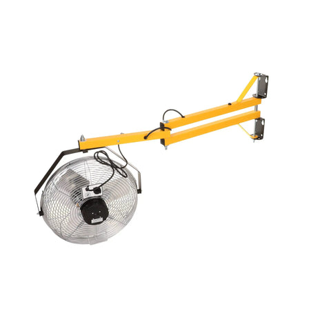 Relentless Warehouse Workhorse Loading Dock Wall Mount Air Circulator With 40 Inch Reach Dual Steel Tubing And 18 Inch Fan Head mounted on a yellow steel arm.