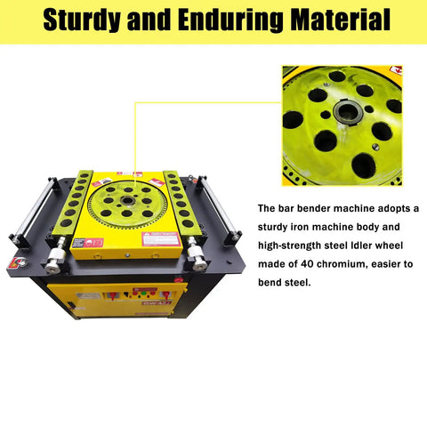 Heavy Duty Electric Rebar Bender Machine 3000 Watt Three Phase With Foot Switch For 6 To 40 Mm Round Steel Bars showing sturdy iron body and steel idler wheel.
