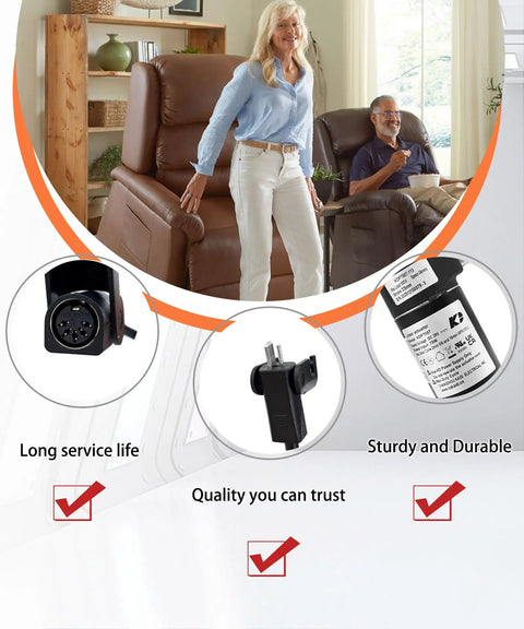 Elderly couple using KDPT007-113 Linear Actuator Replacement for sofa lift chairs, highlighting connectors and motor details.