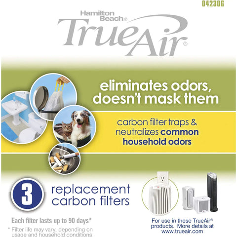 TrueAir Replacement Carbon Filter 3 Pack For Odor Eliminators Kitchen Bathroom Pet Smoke Odors Fits TrueAir Models 04384 04532GM 04530G 04530GM 04531GM Great For Trash Rooms And Home Odor Control