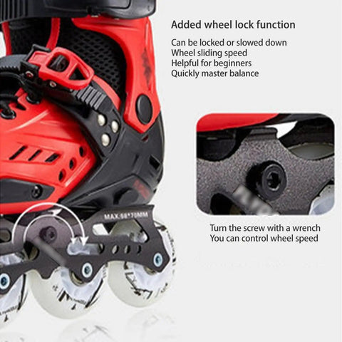 Close-up of red Kids Inline Skates Adjustable for Boys and Girls Beginner Roller Blades, wheel lock feature, EU Size 27 to 30.