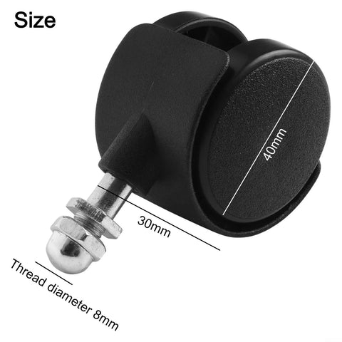 Close-up of black caster wheel for electric heaters; 40mm diameter, 8mm threaded stem, omni-directional plastic mobility roller