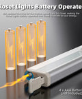 Under Cabinet Lights 10 LED Battery Powered Motion Sensor, showing 4 AAA batteries and charging port.
